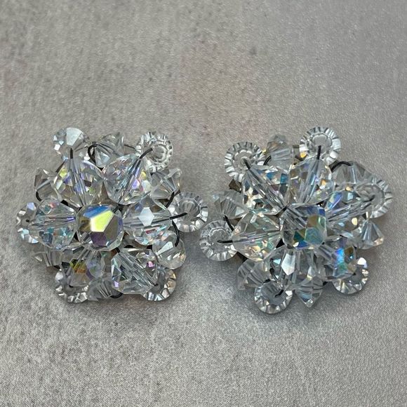 Vintage AB Crystal Beaded Clip On Earrings - Picture 3 of 4